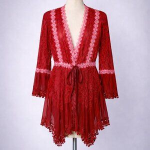 Jacket Adore Lace Layering Top Button Front Tie Wide Sleeve Red Pink Valentines